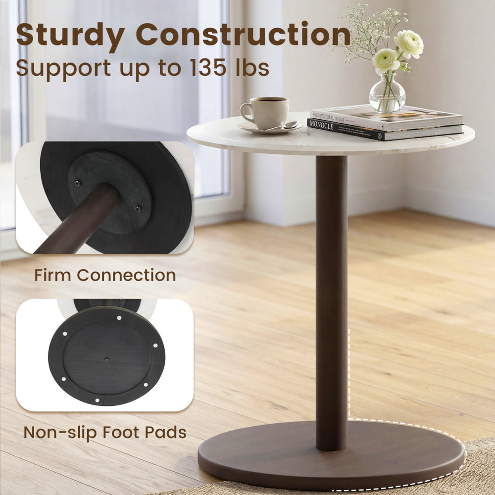 Round marble side table with a stone finish, featuring a sturdy pedestal base and non-slip foot pads for stability.