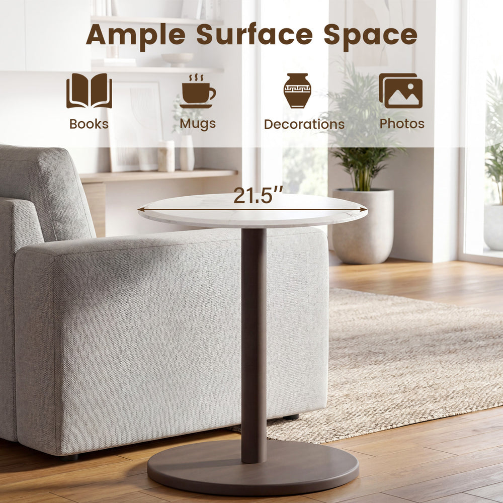 Round marble side table with a stone finish, featuring a wooden base, ideal for books and decorations in any living.