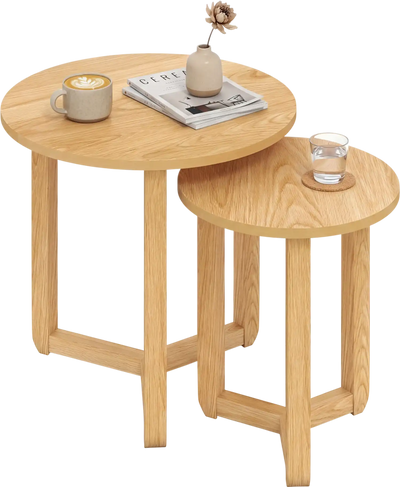 Costway Round Wood Nesting Coffee Table Set of 2 Thick Top 94722764 New
