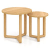 Round nesting coffee table set of 2 in natural rubber wood, featuring spacious tabletops and a stable tripod frame.