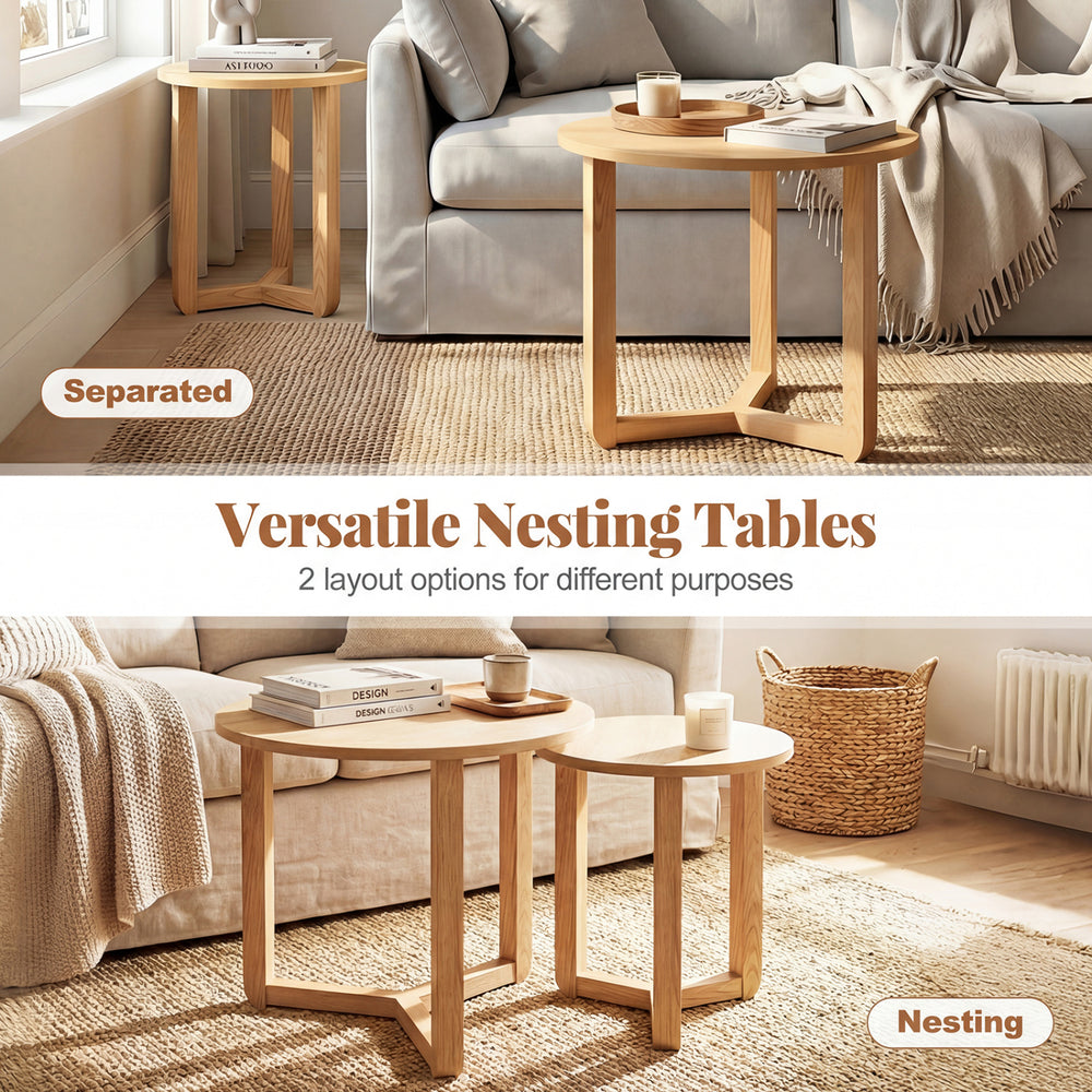 Round nesting coffee tables set of 2 in natural wood, featuring spacious tops and versatile layout options for living.