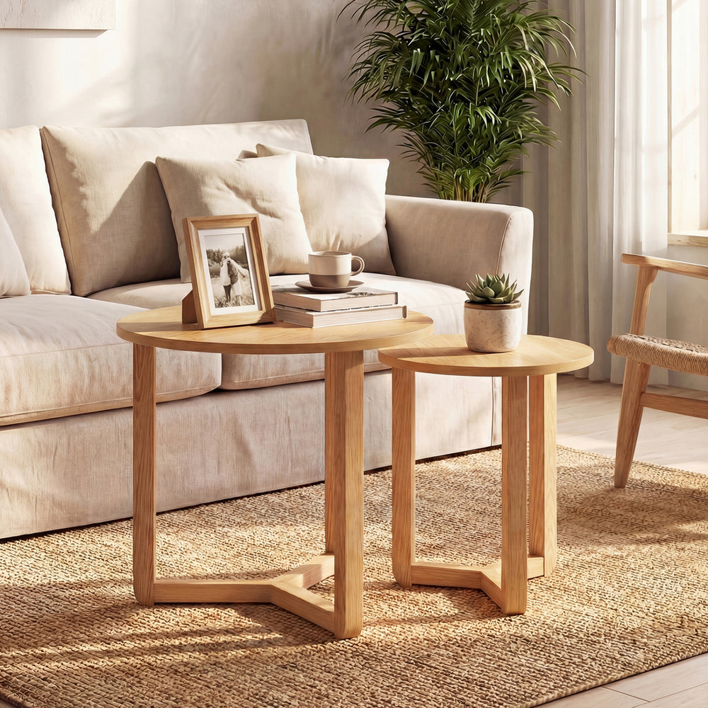 Round Nesting Coffee Table Set of 2 Wood Nesting End Tables with Thickened Top-Natural - Gallery View 1 of 10