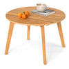 Round outdoor acacia wood side table with slatted tabletop, perfect for patio or garden use.