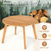 Round outdoor acacia wood side table with slatted tabletop, featuring a natural finish for patio or garden use.