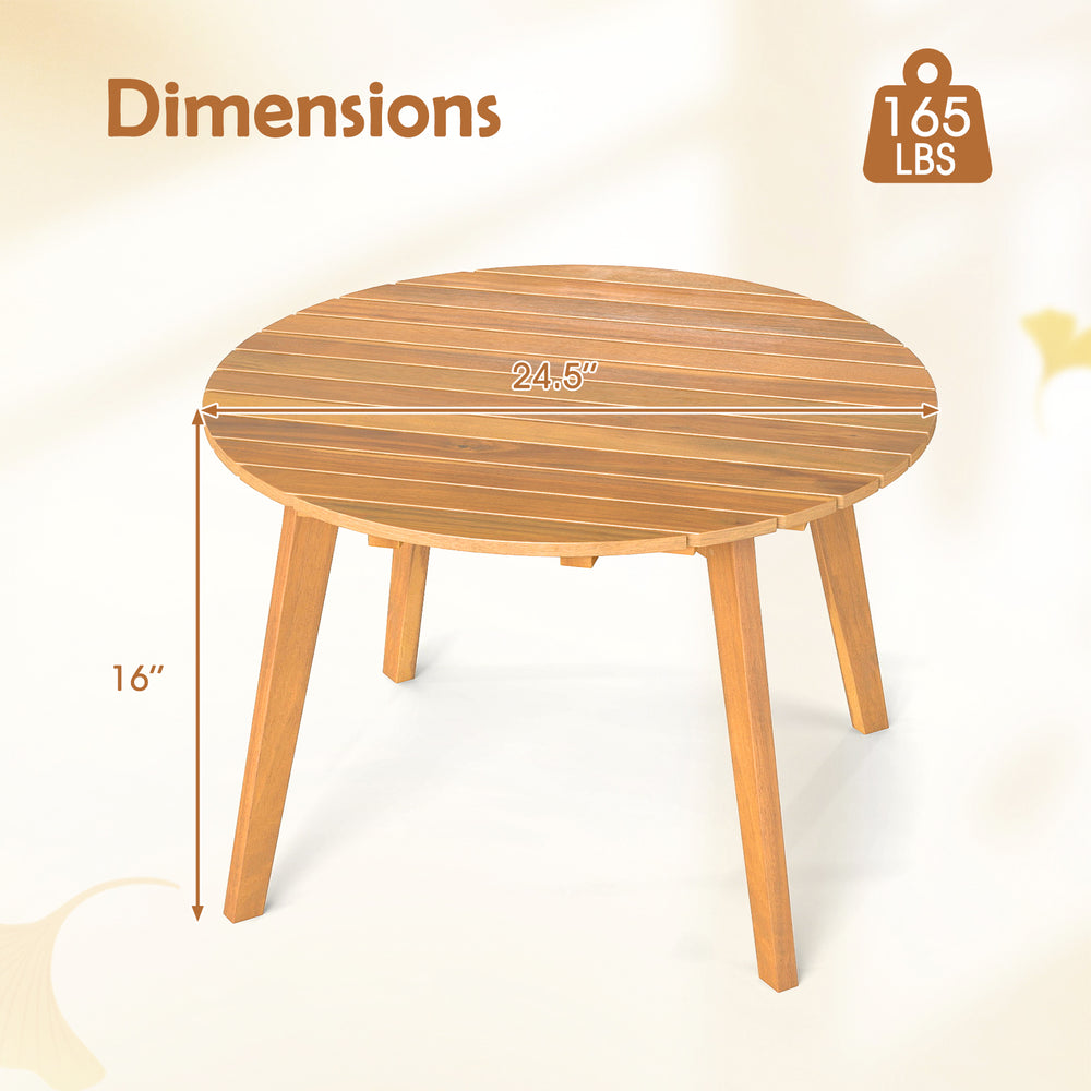 Round outdoor acacia wood side table with slatted tabletop, measuring 24.5" diameter and 16" height, ideal for patio.