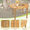 Round outdoor dining table made of acacia wood, featuring ventilated slats and safe round corners for stability and.