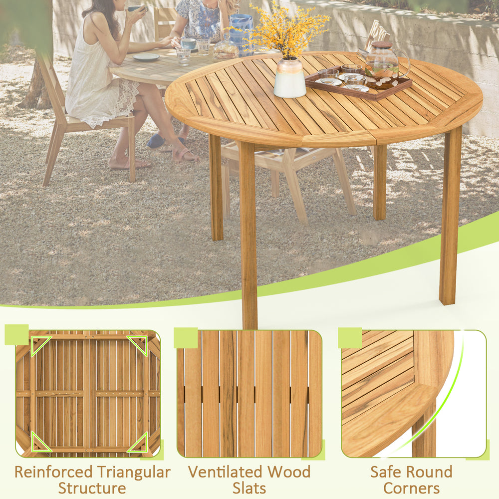 Round outdoor dining table made of acacia wood, featuring ventilated slats and safe round corners for stability and.