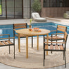 Round outdoor dining table made of acacia wood, seating 4, perfect for poolside gatherings or garden parties.