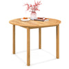 Round outdoor dining table made of acacia wood, spacious for 4, perfect for yard or garden gatherings.