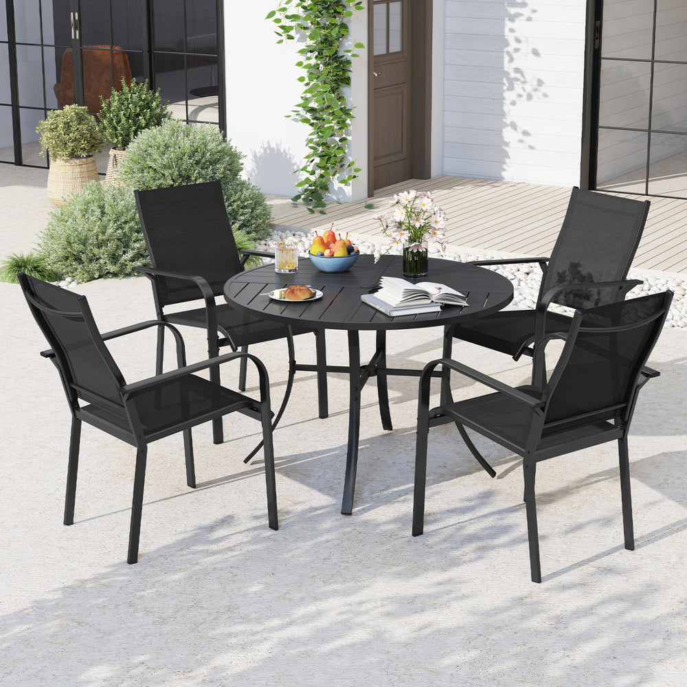 Round 42.5-inch black metal slat patio dining table with umbrella hole, perfect for outdoor seating and gatherings.