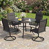 Round 42.5-inch black metal slat patio dining table with umbrella hole, perfect for gardens and outdoor dining.