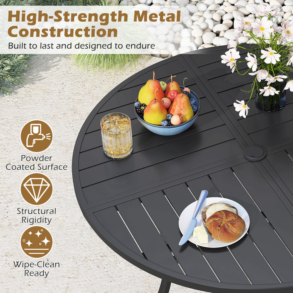 Round 42.5-inch black metal slat patio dining table with umbrella hole, designed for outdoor use and structural.
