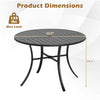 Round 42.5-inch black metal slat patio dining table with umbrella hole, supports 135 lbs, ideal for outdoor use.