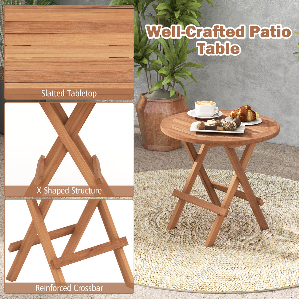 Round patio folding coffee table made of premium teak wood with slatted tabletop, ideal for picnics and camping.