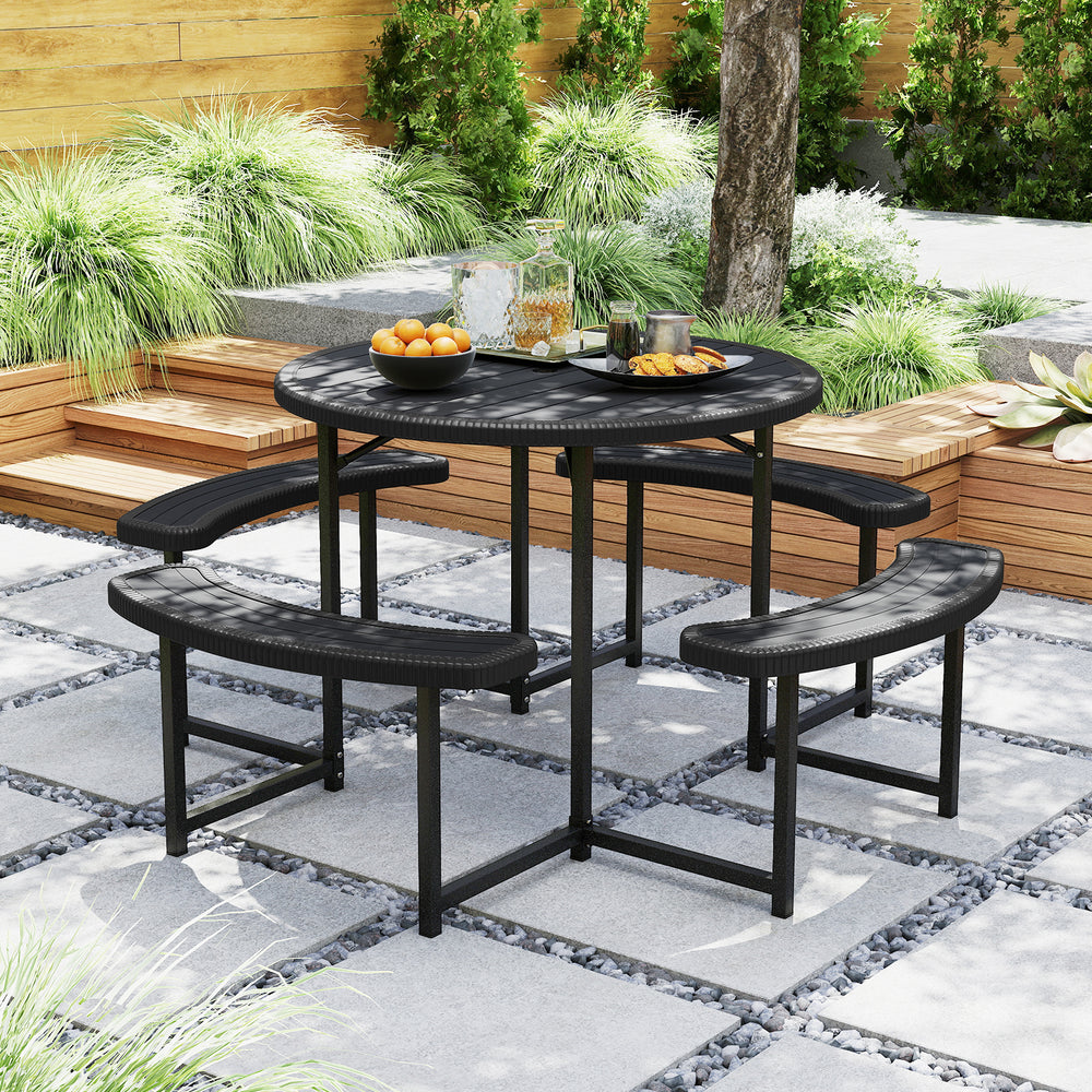 Round Picnic Table Bench Set with 4 Benches and Umbrella Hole for Patio Lawn-Black - Gallery View 1 of 10