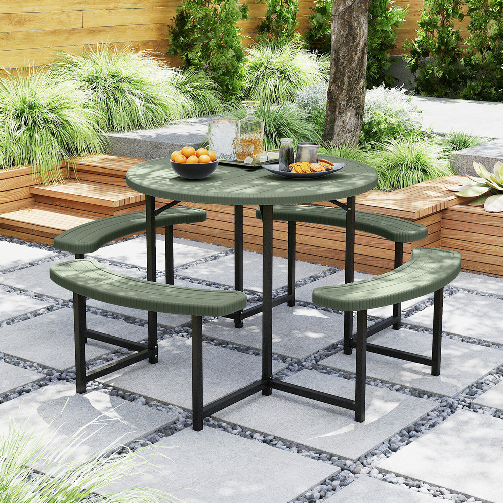 Round Picnic Table Bench Set with 4 Benches and Umbrella Hole for Patio Lawn-Green - Gallery View 1 of 10