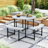 Round picnic table set with four benches, waterproof HDPE top, and umbrella hole for outdoor patio use.