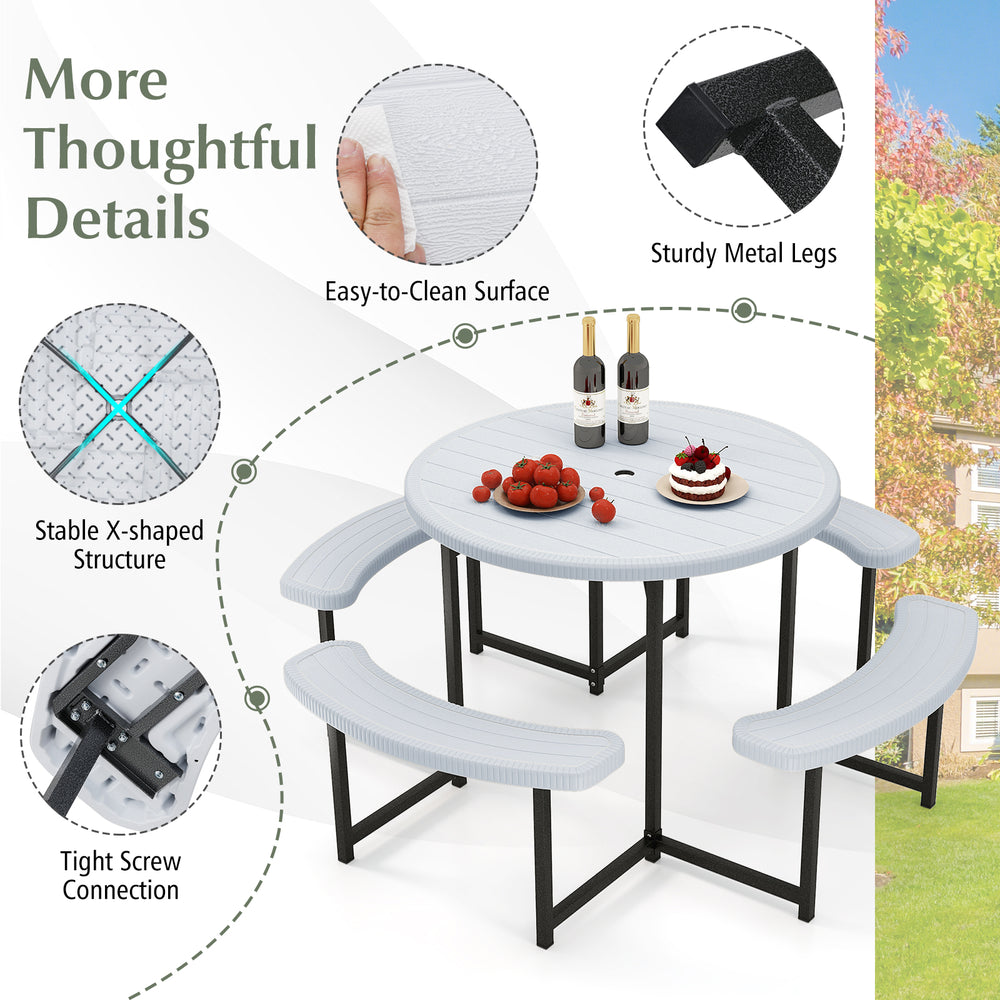 Round picnic table set with 4 benches, waterproof HDPE surface, and sturdy metal legs, ideal for patio gatherings.