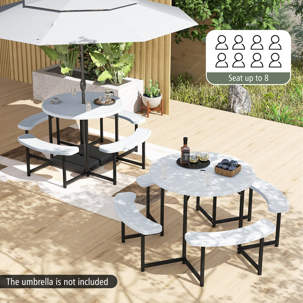 Round picnic table bench set with 4 benches, waterproof HDPE top, seats up to 8, ideal for patio or lawn use.