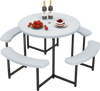 Round picnic table set with 4 benches, waterproof HDPE top, umbrella hole, ideal for patio or lawn gatherings.