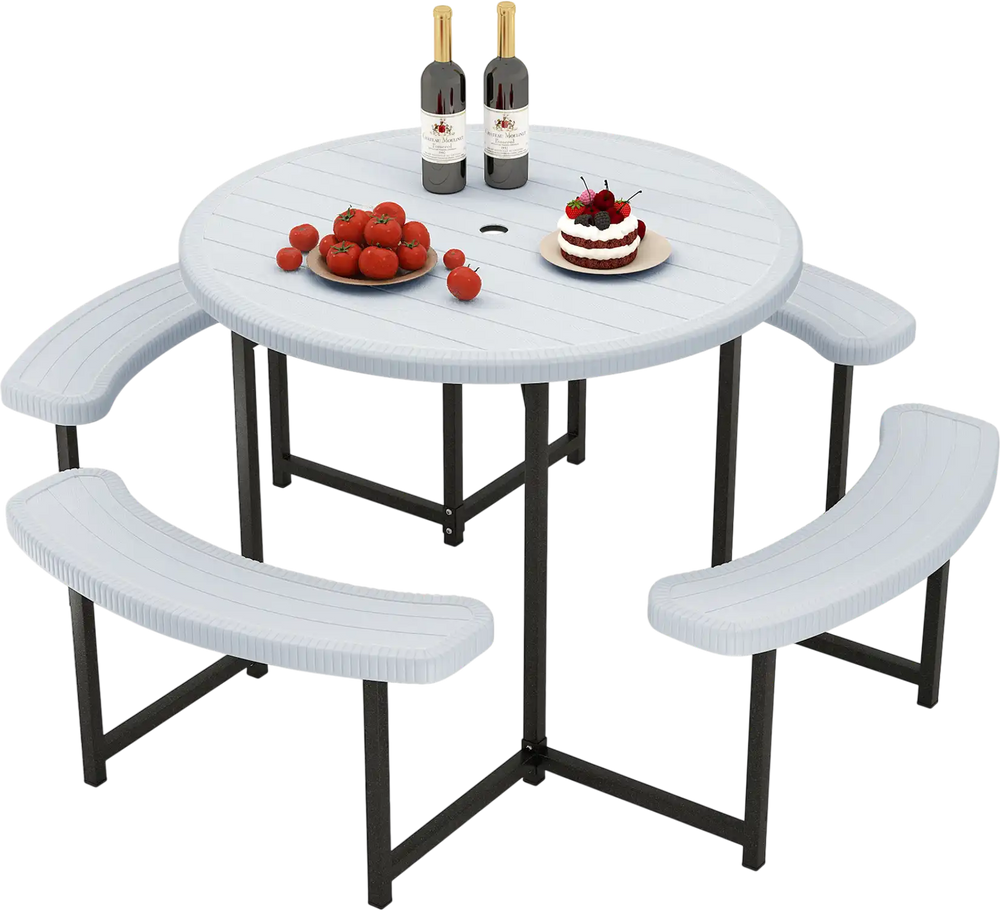 Round picnic table set with 4 benches, waterproof HDPE top, umbrella hole, ideal for patio or lawn gatherings.