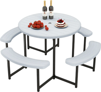 Costway Round Picnic Table Bench Set w/ 4 Benches Umbrella Hole Patio Lawn 752419368 New