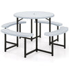 Round picnic table bench set with 4 benches, waterproof HDPE tabletop, and umbrella hole for outdoor patio use.