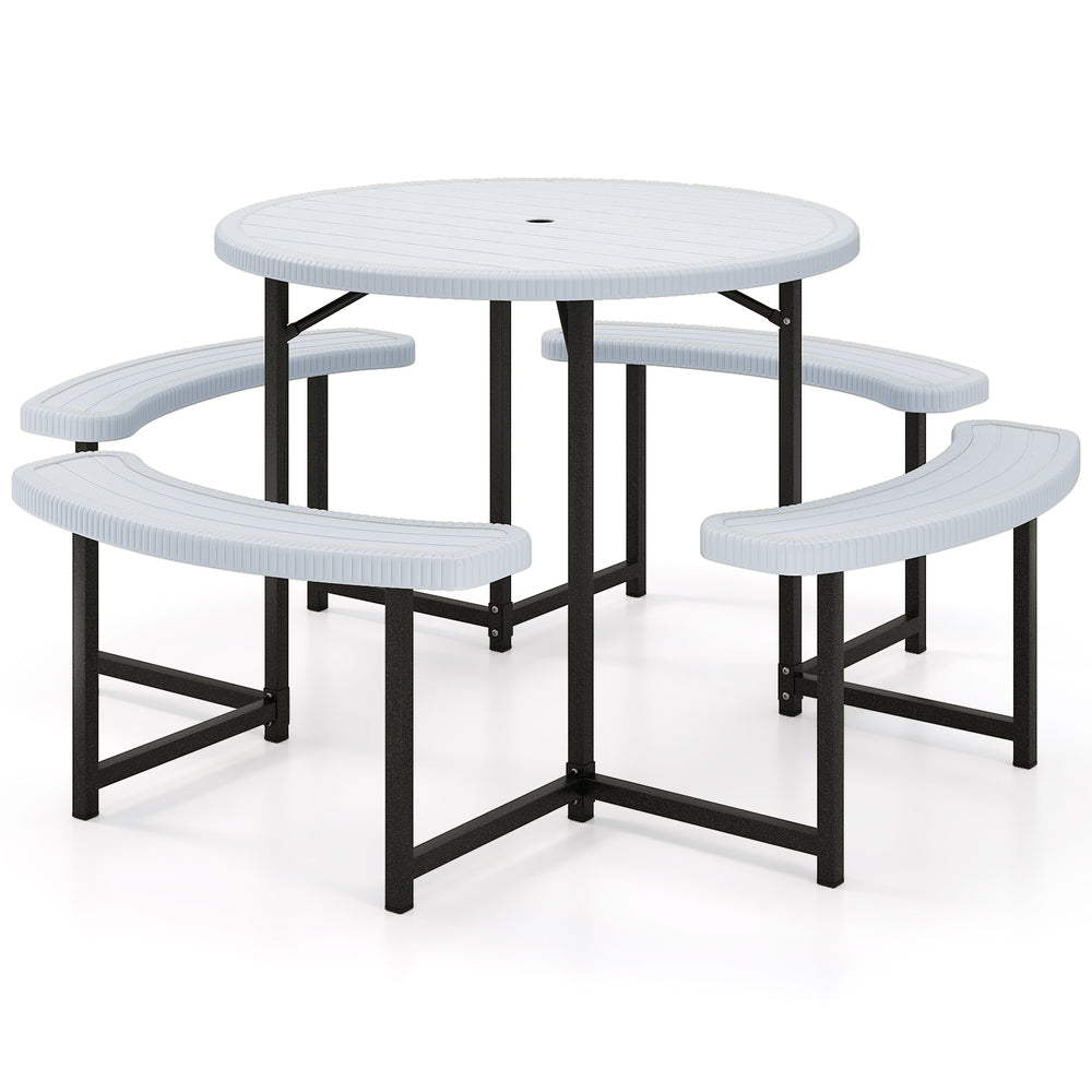 Round picnic table bench set with 4 benches, waterproof HDPE tabletop, and umbrella hole for outdoor patio use.