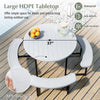 Round picnic table with 4 benches, waterproof HDPE tabletop, and umbrella hole, perfect for outdoor patio use.