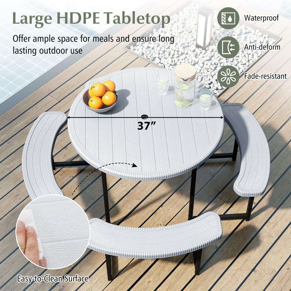 Round picnic table with 4 benches, waterproof HDPE tabletop, and umbrella hole, perfect for outdoor patio use.