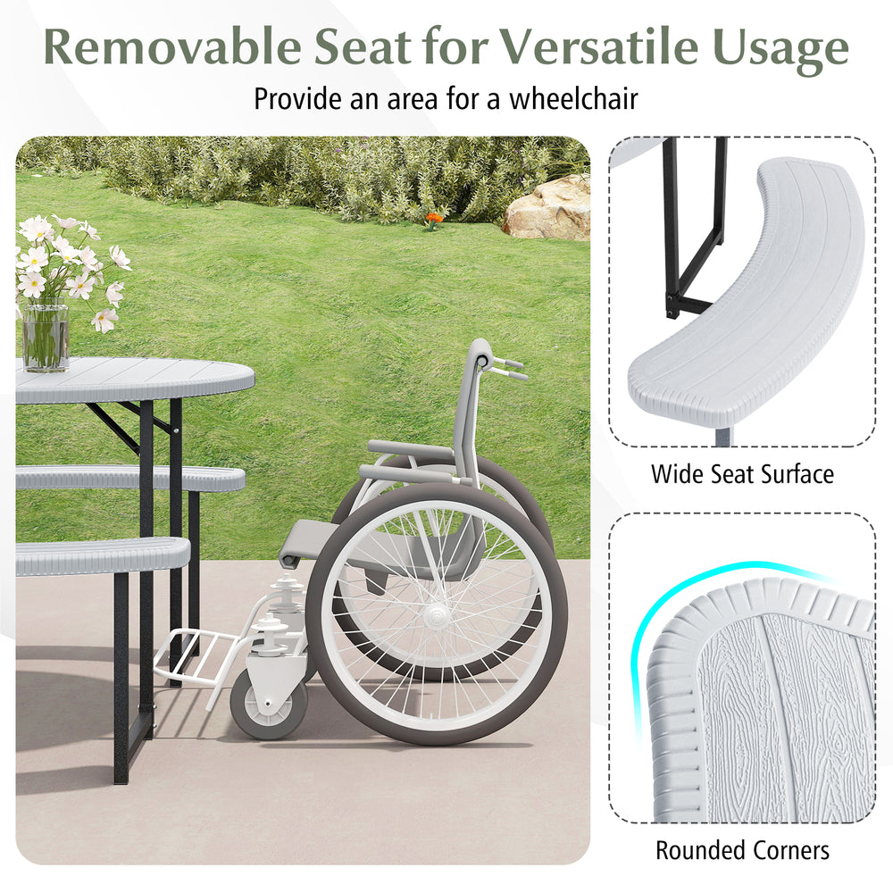 Round picnic table bench set with 4 benches, waterproof HDPE surface, and umbrella hole for outdoor patio use.