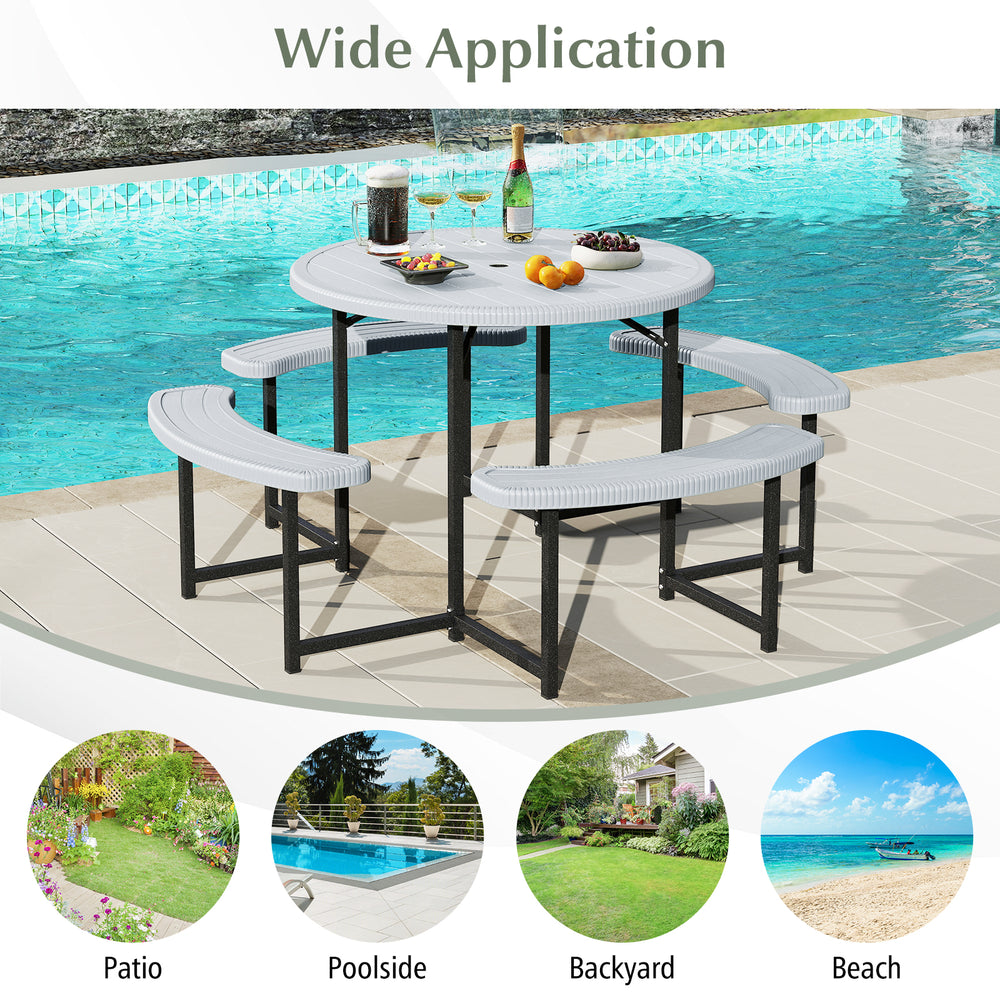 Round picnic table bench set with 4 benches, waterproof HDPE top, ideal for patio, poolside, or backyard gatherings.