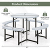 Round picnic table dimensions with 4 benches, waterproof HDPE, and umbrella hole for outdoor patio use.