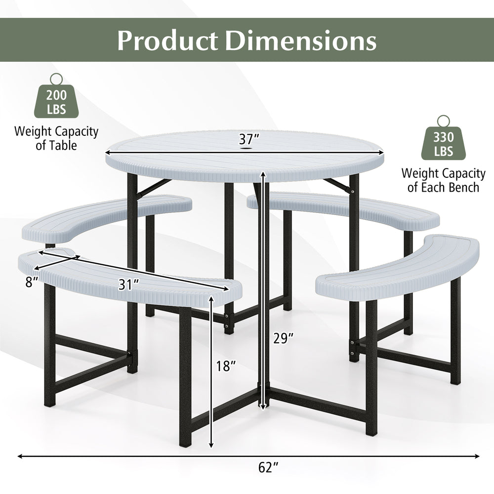 Round picnic table dimensions with 4 benches, waterproof HDPE, and umbrella hole for outdoor patio use.