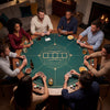 Round poker mat for Texas Hold'em, 40-inch green layout with anti-slip rubber base, perfect for 6-8 players.