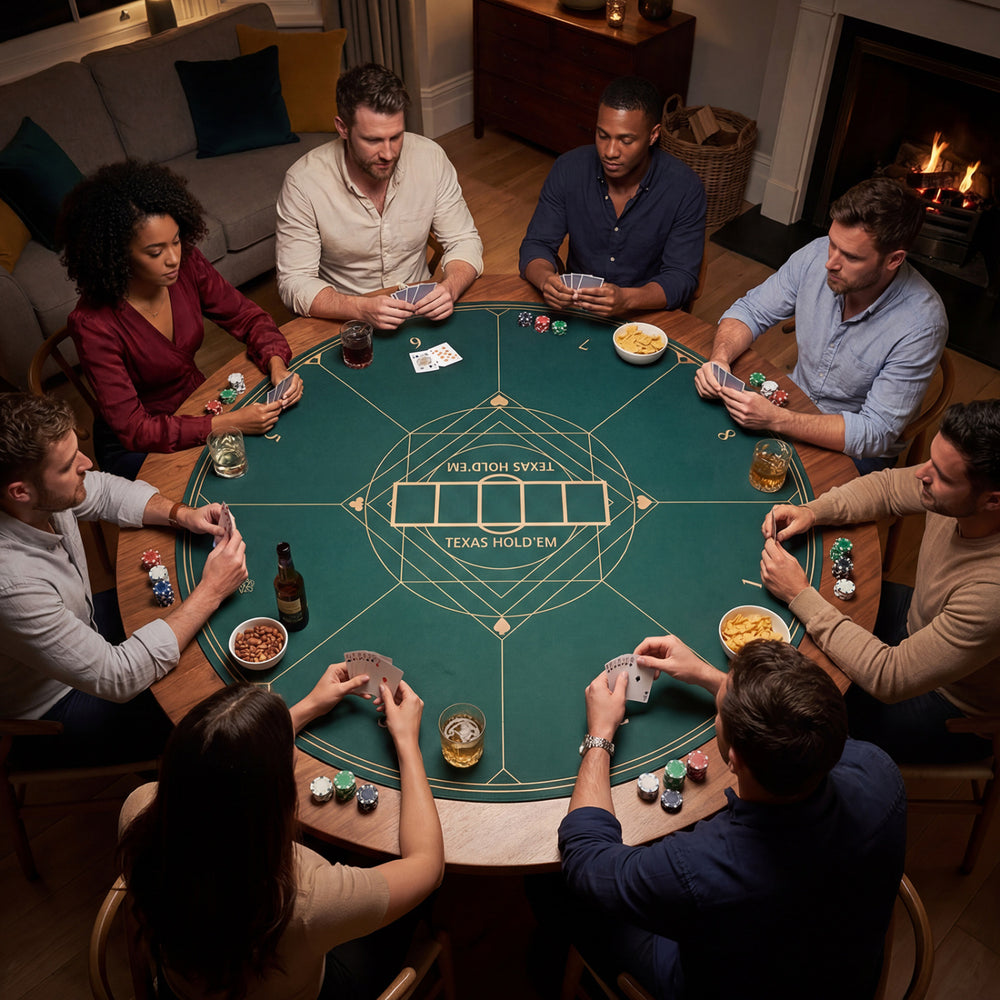 Round poker mat for Texas Hold'em, 40-inch green layout with anti-slip rubber base, perfect for 6-8 players.