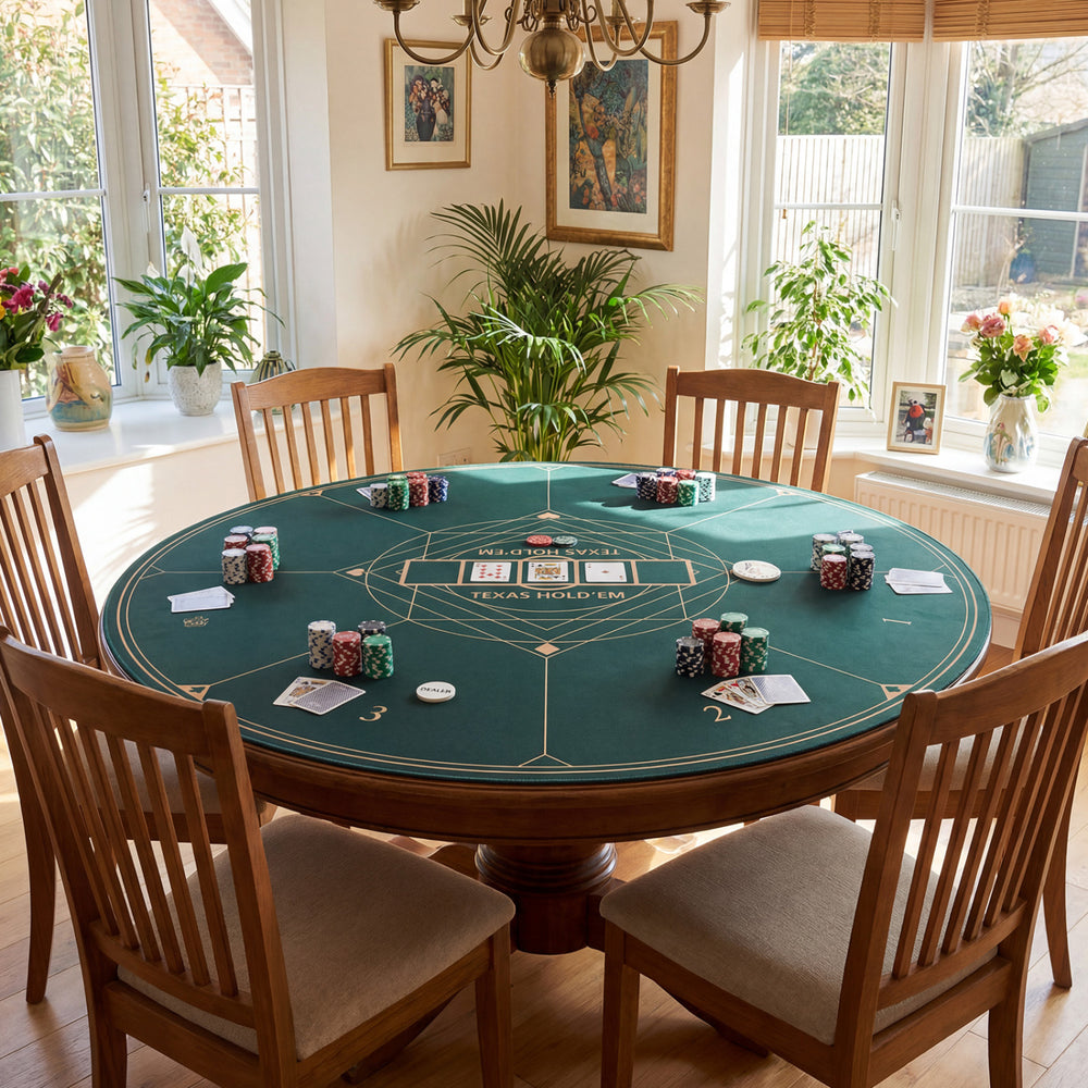 Round poker mat for Texas Hold'em, 55-inch green layout with anti-slip rubber base, ideal for 6-8 players.