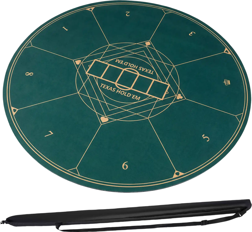 Round poker mat for Texas Hold'em, 55-inch green layout with anti-slip rubber base, perfect for 6-8 players.