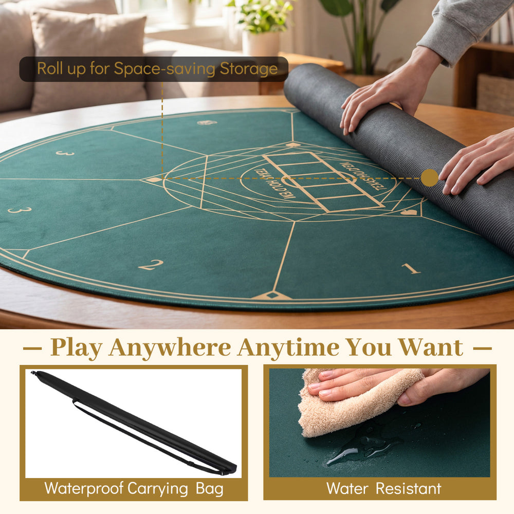 Round poker mat with anti-slip rubber base, 55 inch green layout, portable and foldable for easy storage and gameplay.