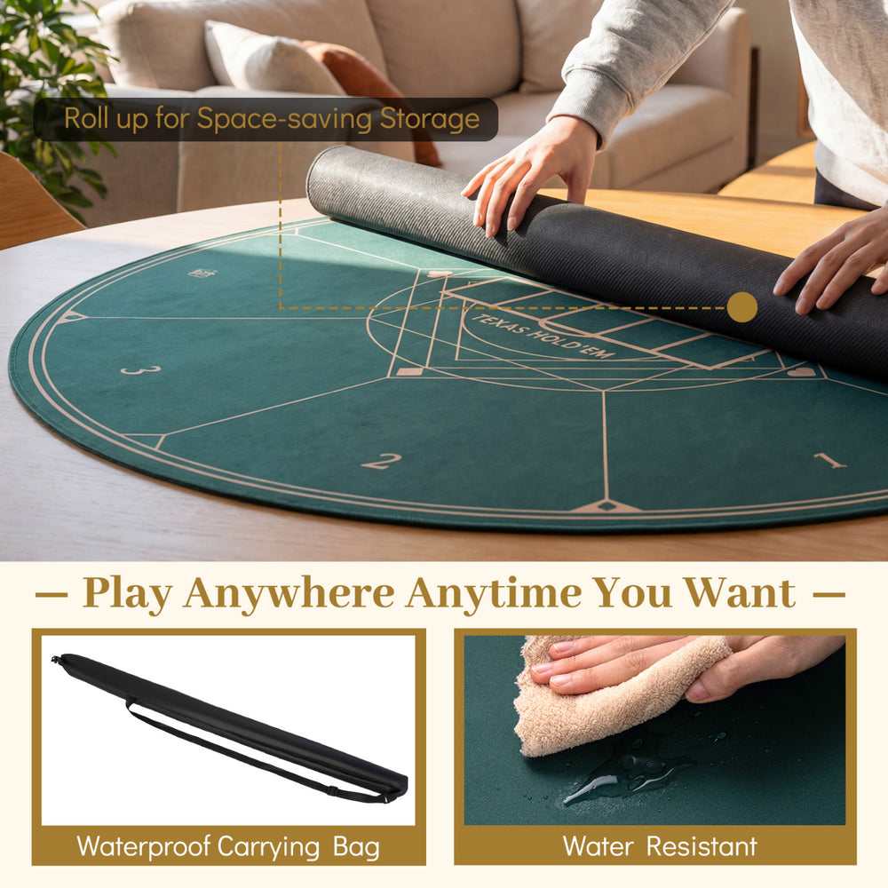 Round poker mat for Texas Hold'em, 47" green, with waterproof carrying bag, rolled up for space-saving storage.