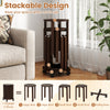 Round portable wood nesting stools in walnut with locking casters, designed for space-saving and easy mobility.