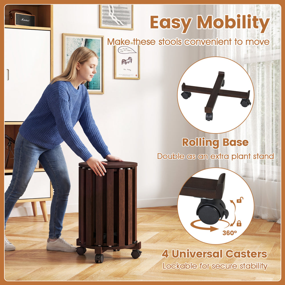 Round portable wood nesting stools in walnut with locking casters, ideal for easy mobility and space-saving in small.