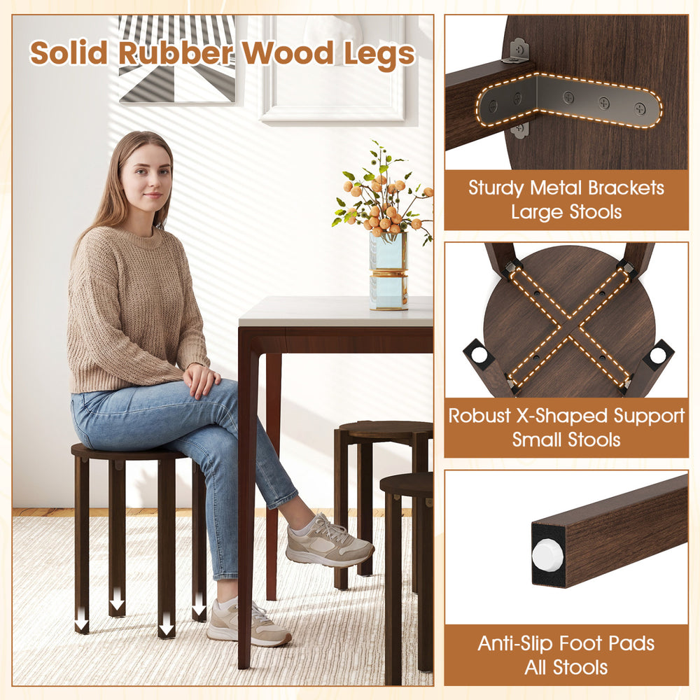 Round portable wood nesting stools with locking casters, walnut finish, ideal for small spaces and easy mobility.