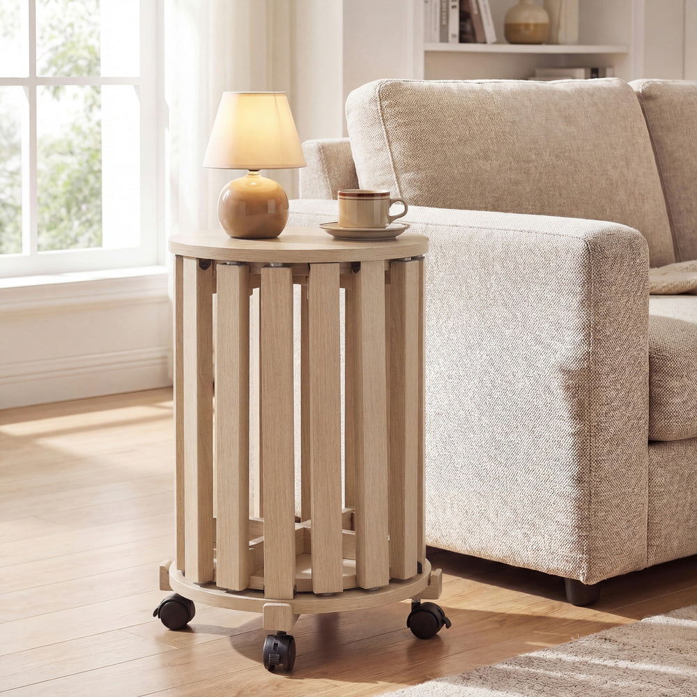 Round Portable Wood Nesting Stools with Locking Casters-Natural - Gallery View 1 of 11