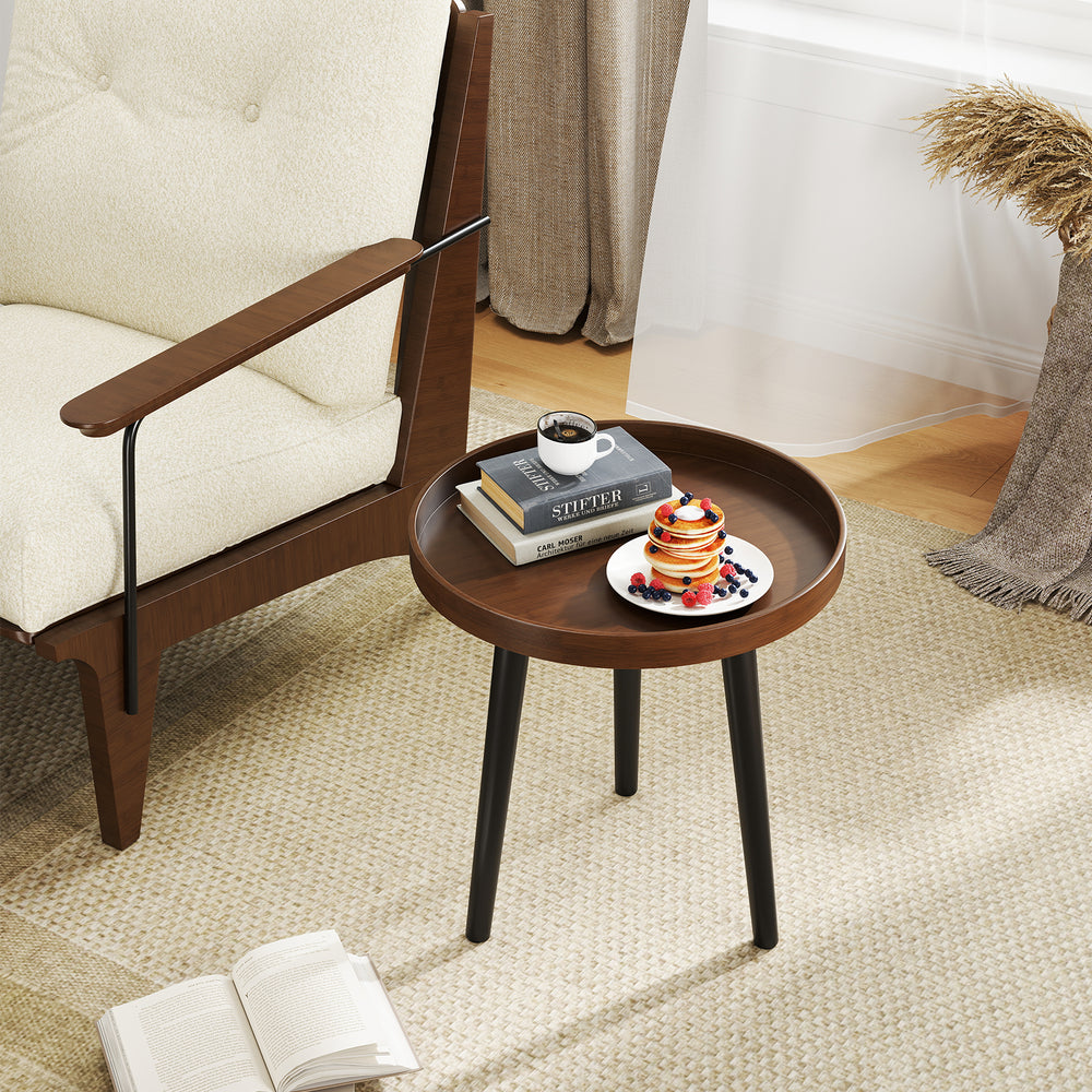 Mid Century Modern round side coffee table with wooden tray, brown finish, ideal for living room or office use.