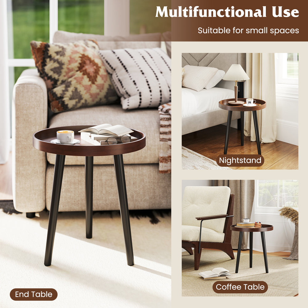 Mid Century Modern round side coffee table with wooden tray, brown finish, ideal for small spaces and multifunctional.