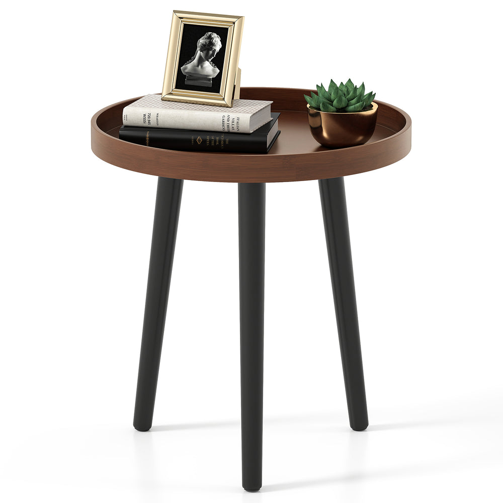 Mid Century Modern round side table with wooden tray, brown finish, ideal for living room or office use.
