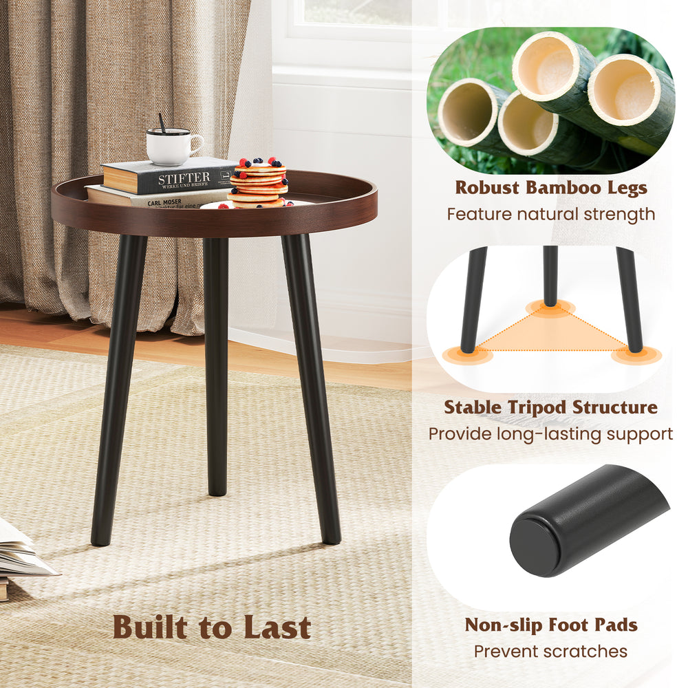 Round side coffee table with wooden tray and bamboo legs, ideal for living room or office use, featuring a stable.