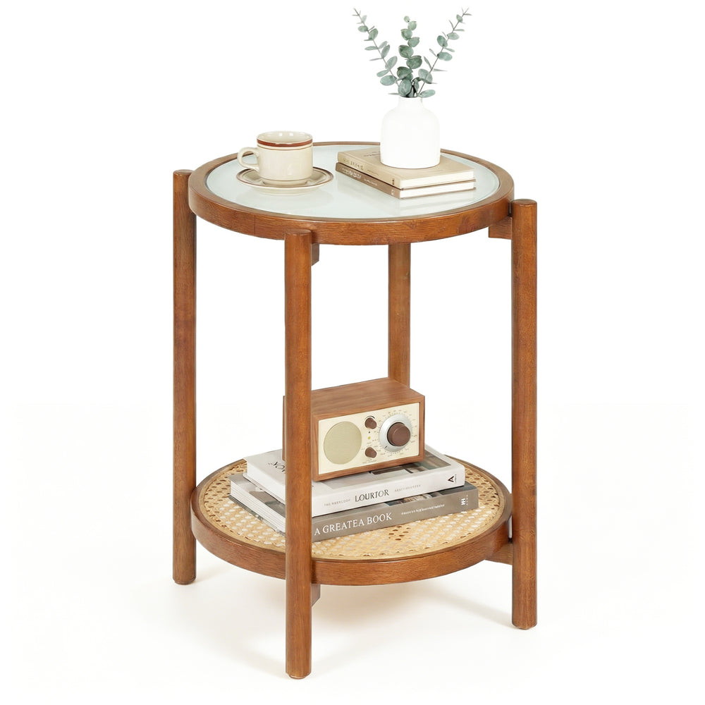 Round side table featuring a breathable PE rattan shelf and solid acacia wood legs, ideal for stylish storage in any.