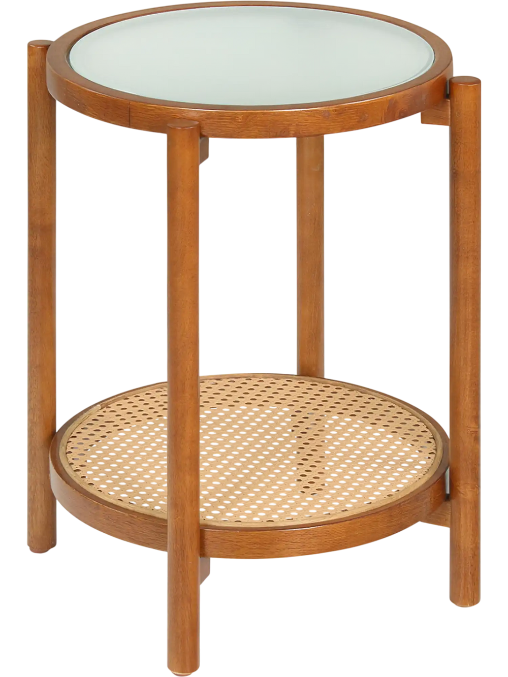 Round side table with tempered glass top and PE rattan shelf, perfect for living room or bedroom organization.